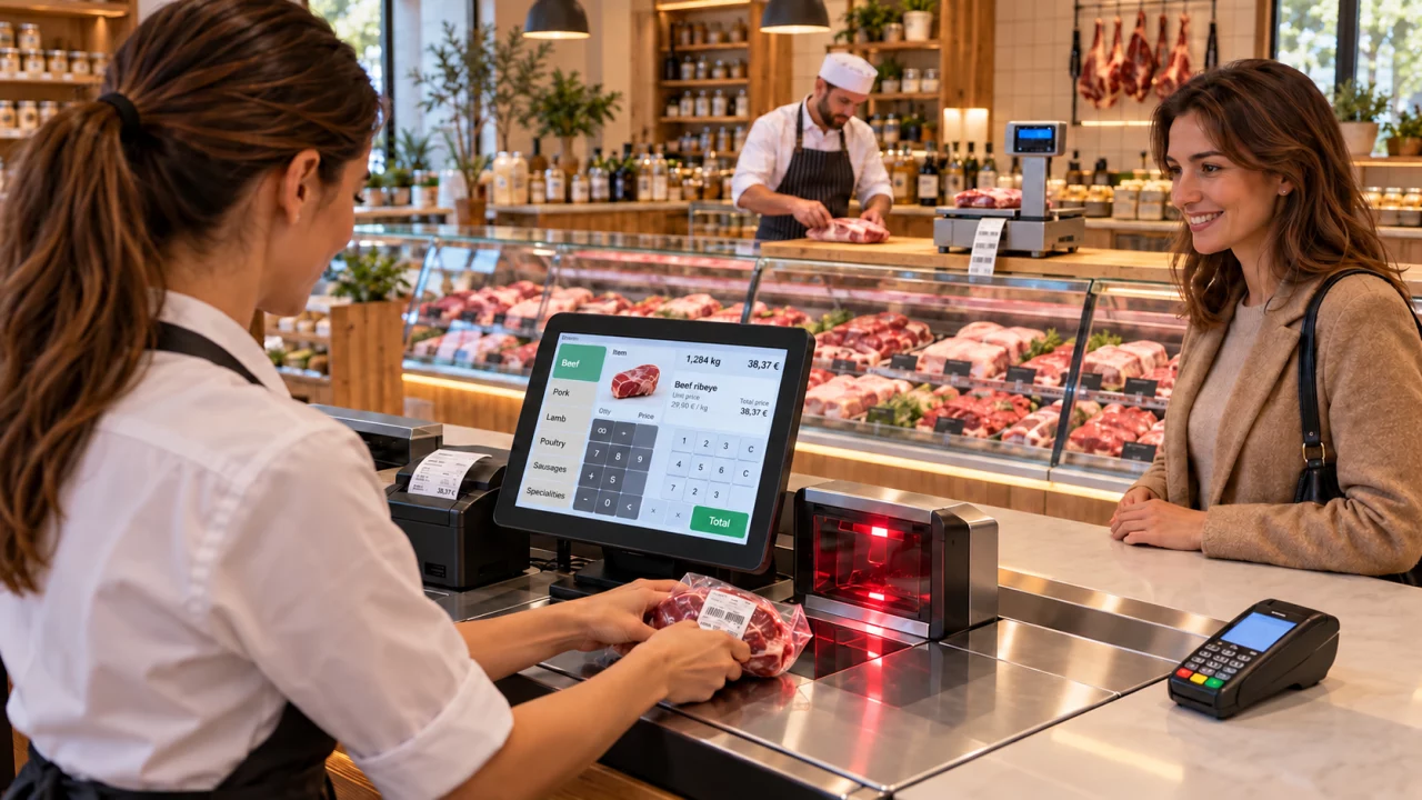 Retail checkout with barcode scanner, integrated scale and butcher counter