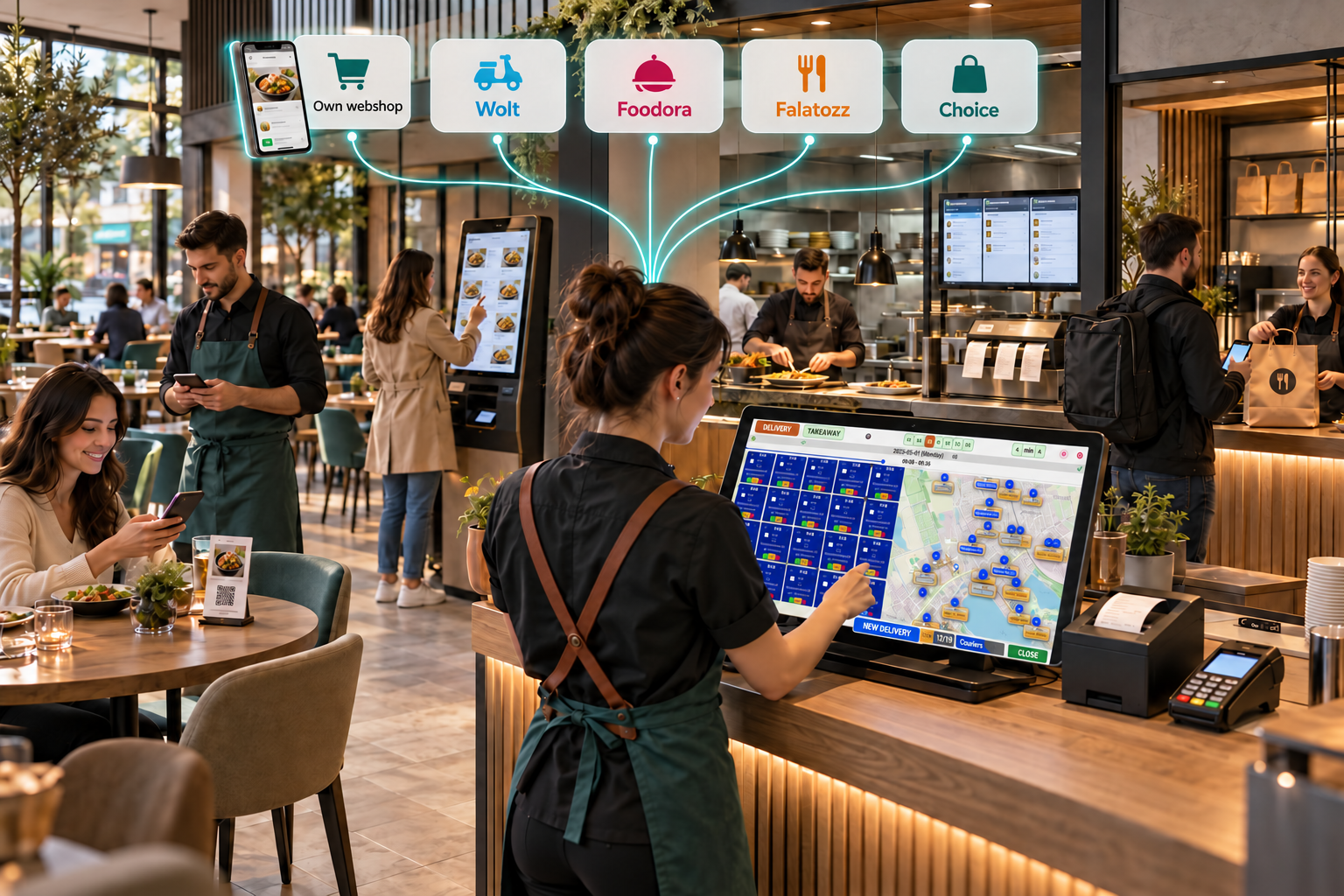 Every order in one place — Your webshop, Wolt, Foodora, Falatozz, Choice, kiosks and telephone orders — managed together.