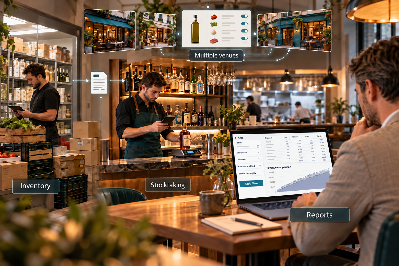 Control behind the scenes — Inventory, stocktaking, flexible reports and multiple venues.